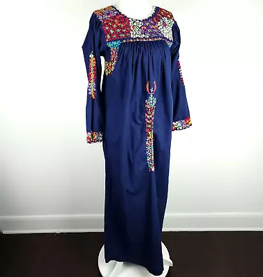 Vintage 70s Oaxacan Mexican Dress Colorful Floral Embroidered Blue Ornate ~S/M • $275