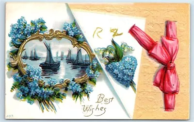 Postcard Best Wishes Sailing Ships Red Bow Blue Flowers Embossed G112 • £5.68