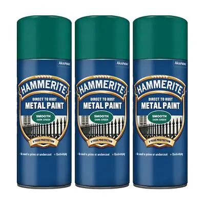 3x Hammerite Direct To Rust Smooth Dark Green Aerosol Fast Dry Spray Paint 400ml • £32.99