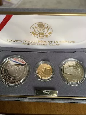 1991 Mount Rushmore Anniversary 3 Coin Proof Set Gold & Silver W/ Box +COA • $675