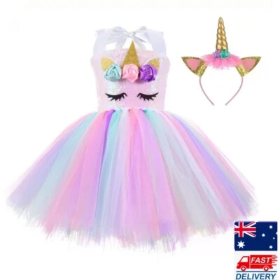 $49.50 • Buy Unicorn Princess Rainbow Dress+Headband Cosplay Birthday Party Costume For Girls