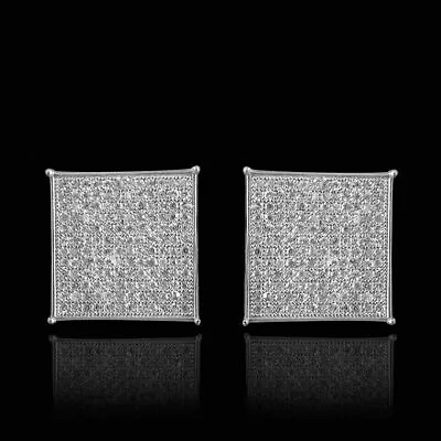 Mens Square Flat Screen White Gold Earring Studs With Screw On Backs Simulated • $138.98
