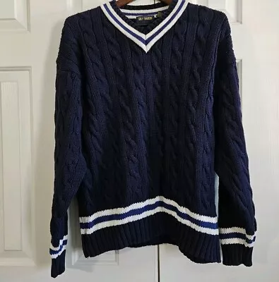 Vintage Mens Chunky Cable Knit Sweater L Navy Blue Tennis Preppy V-Neck Golf • $39.99