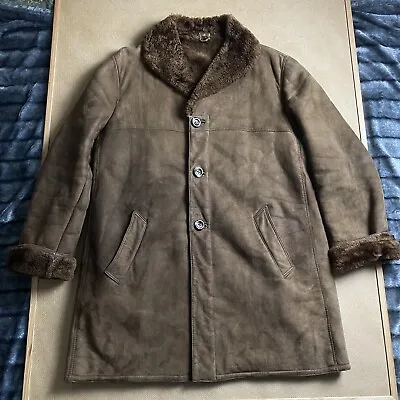 Vintage Shearling Genuine Sheepskin Fur Lined Brown Coat Real Leather Jacket • $35.71