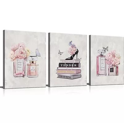 Women's Fashion Canvas 3 Piece Wall Art 12 X16  Pink Fliwer Perfume Books • $18.99