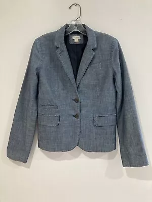 J.Crew Women Blazer Jacket Suite Blue Lined Cotton Chambray Double Button Size 4 • $24.99