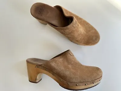 Ugg Abbie Sheepskin Suede Wood Heel Mule Slip On Clog Shoe Size 9 • $40