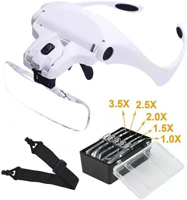 Magnifying Glass Headset LED Light Head Headband Magnifier Loupe Jeweler 5 Lens • £9.29