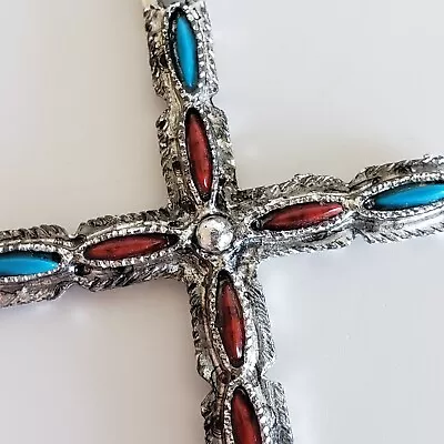 Vintage Cross Pendant Necklace Southwest Faux Turquoise Coral Silver Tone • $17.95