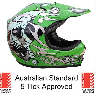 KIDS HELMET 4 DIRT BIKE PEEWEE QUAD MOTOCROSS S M L GREEN SKULL 5 Tick Approved • $666.95