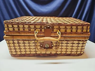 Vintage Woven Wicker Picnic Storage Basket Suitcase BOHO Style Home Decor Rattan • $34.99