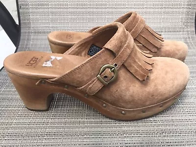 UGG Abbie Clogs Brown Suede Slip On Wood Heel Womens 8 Sheepskin Lined F8910E • $34.99