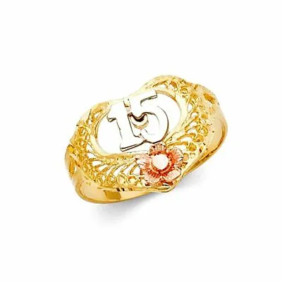 14k Tri Tone Solid Gold Heart 15 Quince Años Ring Corazon Quinceañera Oro Anillo • $219.99