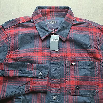 HOLLISTER Flannel Mens Button-Up Red& Blue Plaid Shirt Size Large • $14