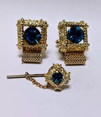 Vintage Blue Stone Yellow Gold Toned Wrap Around Cuff Links And Neck Tie Tack • $39