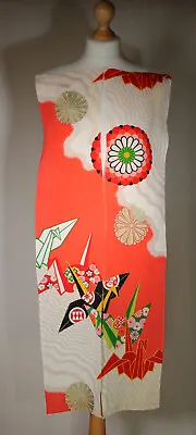 2 X Antique Vintage Japanese Kimono Silk Fabric Orange Paper Crane Floral 5 • £12.50