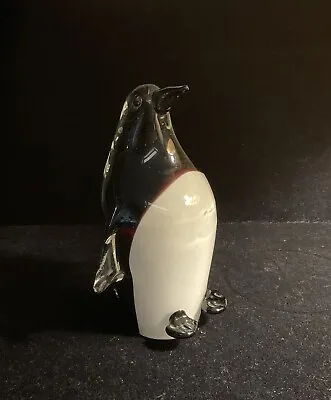 Vintage 8.75” Murano Glass Penguin Figurine Black Clear  & White Glass. • $145