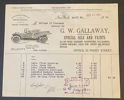 1932 Staten Island NYC Billhead GW GALLAWAY Automotive Asbestos Pharmacy College • $22.50