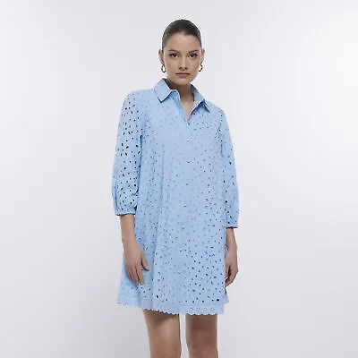 River Island Womens Mini Shirt Dress Blue Broderie Long Sleeve Collared • £17.70