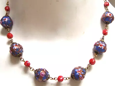 Victorian Blue Painted Venetian Glass Necklace - Very Pretty 17.5” • £27.95