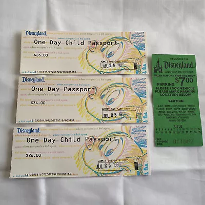 Disneyland 1996 One Day Child Passport Ticket Mickey Design & Parking - Lot Of 4 • $54.99