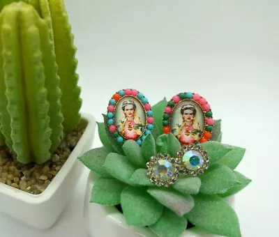 Frida Kahlo 2 Pr. Stud Earring Set Iridescent Rhinestone Crystals Colorful Stone • $14.99