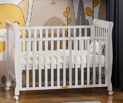 White Wooden Baby Cot Crib Toddler Bed With Mattress & Wheels • $569