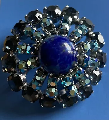 Austria Vintage Domed AB Rhinestone And Faux Lapis Brooch • $59.99