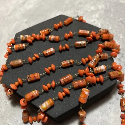 VINTAGE Venetian Orange Beaded Necklace Boho Pretty Artsy Long End Of Day Deco • £16.99