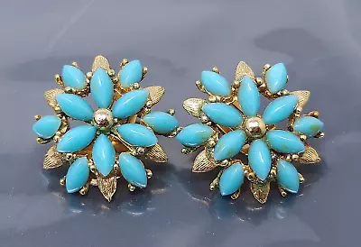 Vintage HAR Turquoise Blue Lucite Round Flower Clip  Earrings • $75