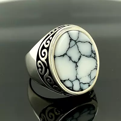 Silver Mens Handmade Turquoise Men Ring Handmade Modern Oval Gemstone Ring • $65