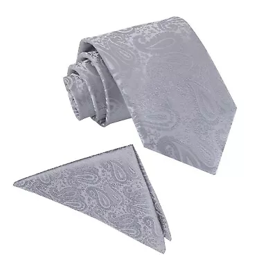 Men's Silver Paisley Tie & Pocket Square Wedding / Formal / Smart By DQT • £11.98