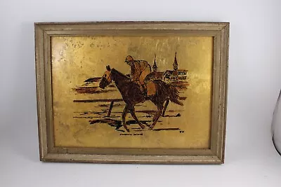 Vintage Gold Wood Framed Jockey On Horse At Churchill Downs Gold Etched Print • $14.95