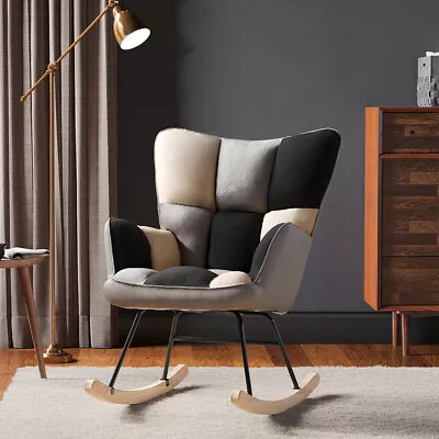 Rocking Chair Modern Patchwork Fabric Upholstered Tufted Relax Rocker Armchair  • £119.95