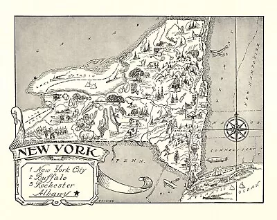 1950s Vintage New York State Map Animated New York Picture  Map BW 692 • $18