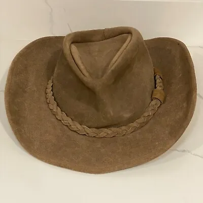 Minnetonka Men's Brushed Brown Leather Large Hat Outback Western Cowboy Vintage • $24.99