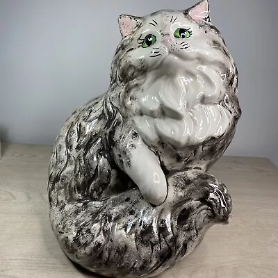 Large 14” Ceramic Persian Cat Statue  Grey With Green Eyes Care Inc 1976 Mold • $39.95