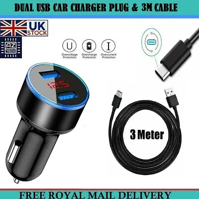 Dual Port USB 3.1A Car Charger Plug & 3M Long Type-C Cable For Samsung Phones UK • £6.95