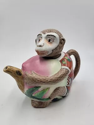 Andrea By Sadek Chinoiserie Monkey Holding Fruit Teapot Red Florals  • $94.47