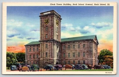 £2.67 • Buy Clock Tower Bldg @ Rock Island Arsenal IL~Art Deco~c1930s Autos~1939 Linen PC