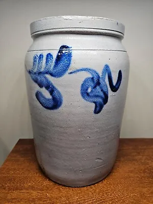 Antique Attr. Remmey Phila. PA 'Hanging Tulips' Cobalt Decorated Stoneware Jar • $255