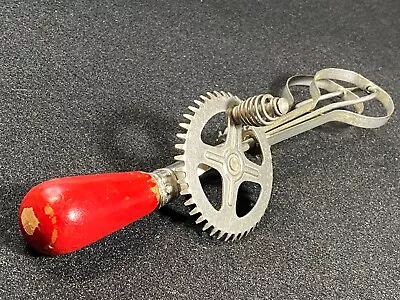 Vintage RED A&J Hand Crank Manual Egg Beater Whip Mixer Red Wood Handle PAT 1923 • $9.50