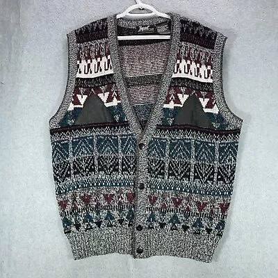 Vintage Impact Sweater Men's Extra Large Gray Cardigan Vest Leather Geometric • $12.99