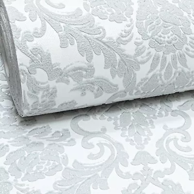 Silver Glitter Grey White Damask Textured Heavy Duty Vinyl Feature 3D Wallpaper • £13.99