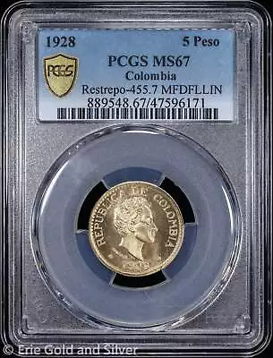 1928 Colombia 5 Pesos Gold Coin PCGS MS 67 | Top Pop MFDFLLIN • $1899.95