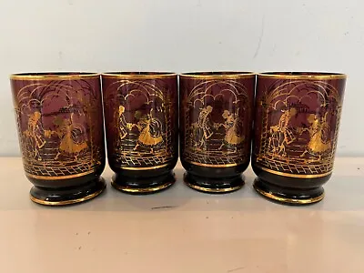 Vintage Italian Venetian Cranberry Set Of 5 Glasses With Gilt Courting Scene • $75