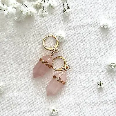Natural Rose Quartz Point Earrings | Chunky Drop Earrings With Gold Accent • $37.88