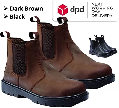 Mens Dealer Boots Chelsea Lightweight Leather Safety Work Steel Toe Cap Shoes Sz • £26.99