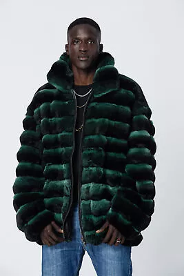 Men Real Rex Rabbit Fur Coat Nature Chinchilla Green Bomber Jacket Thick Outwear • $567.37