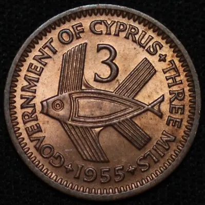 CYPRUS ~ 1955 ~ 3 Mils ~Red/Brown UNC ~ World Coin (1 COIN ONLY) ☘️ W-#1316 ☘️ • $2.99
